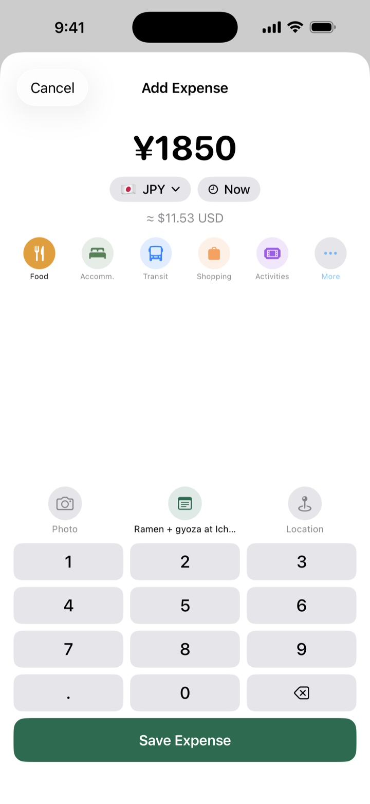 Add Expense screen with JPY entry, category circles, and keypad