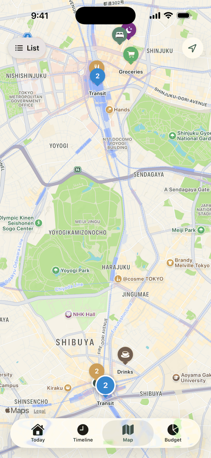 Map view with expenses pinned by category across Tokyo